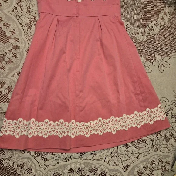 EUC Lilly Pulitzer Sz 0 Pink Betsey Dress Strapless White Lace Embroidery Pleat - Picture 9 of 16